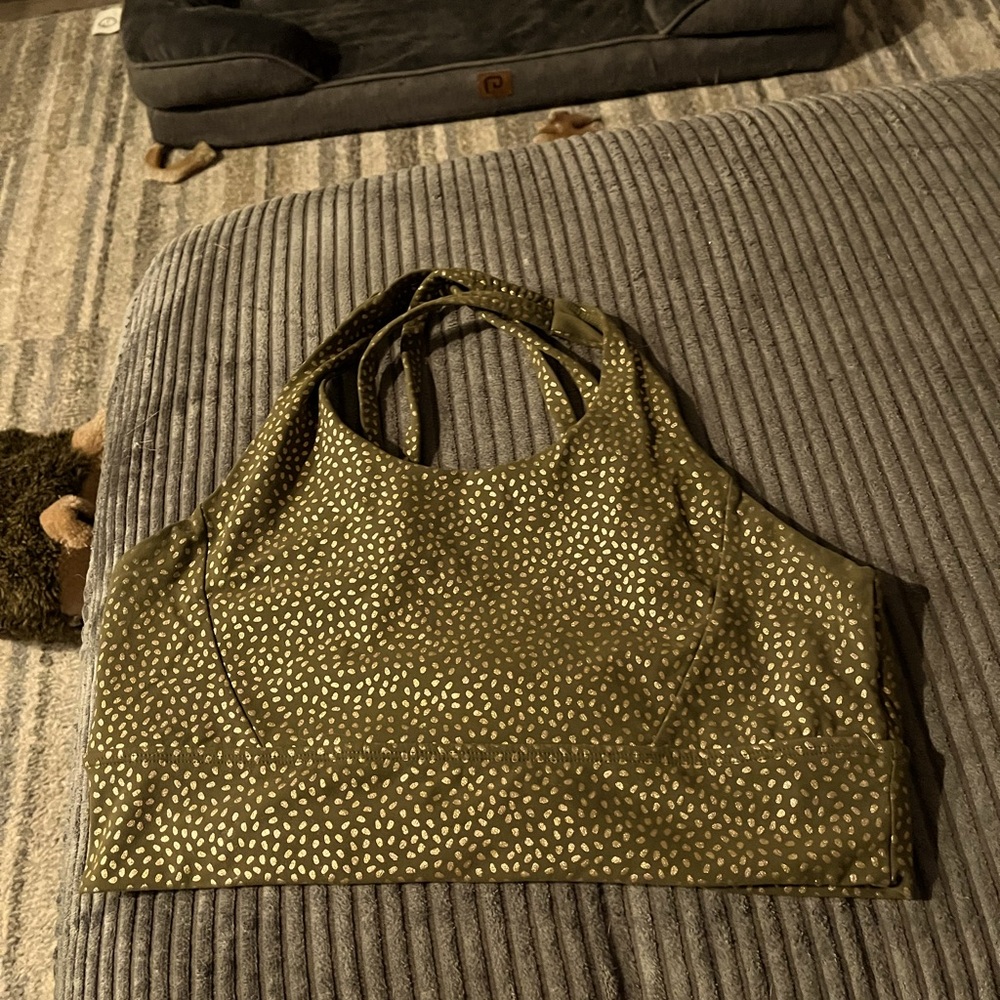 Buffbunny green Rosa sports bra embossed with gold bossy print